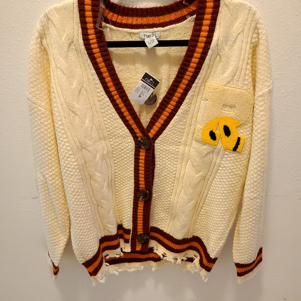 Rue21 Cream and Maroon And Orange Cardigan with Smiley Patch